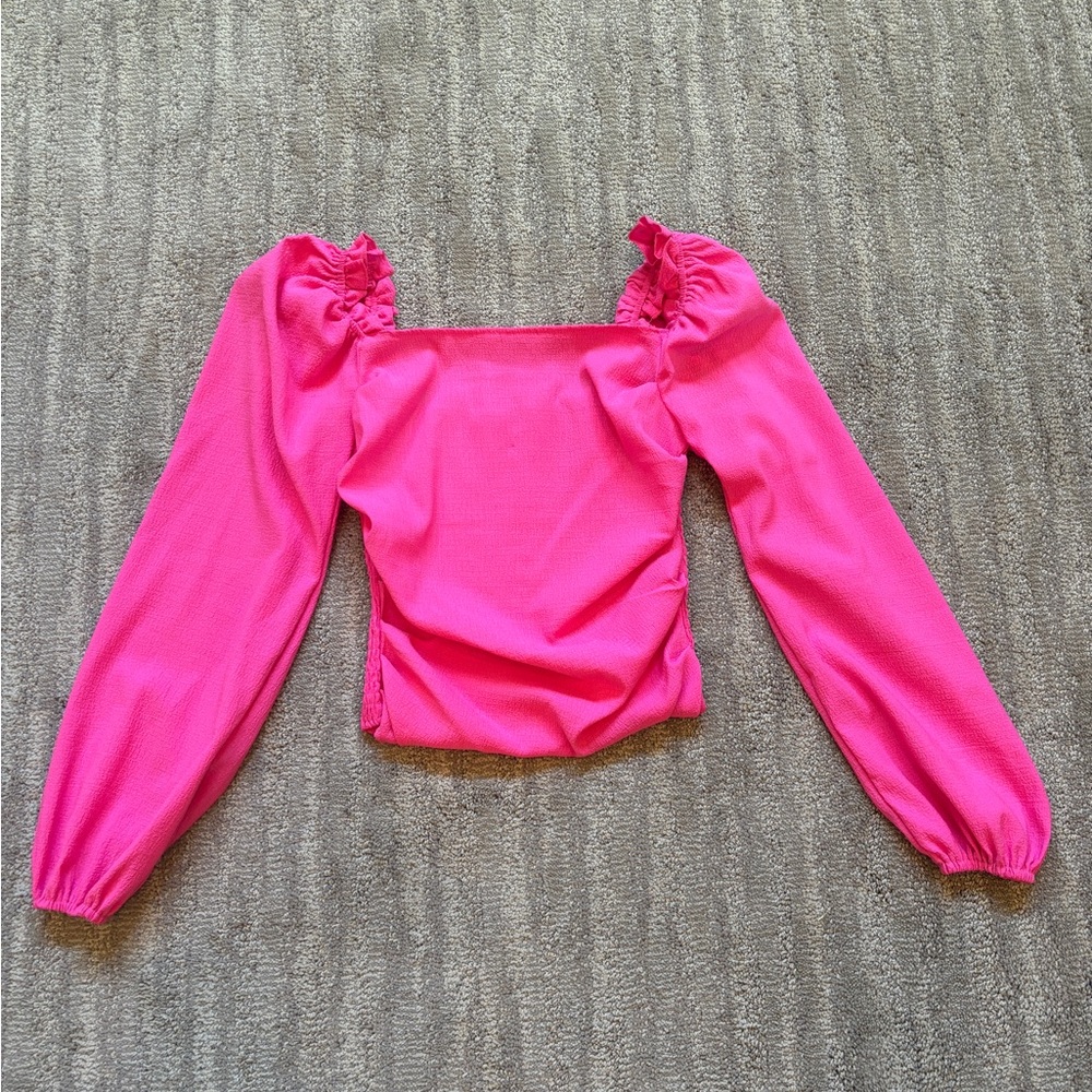 Pink Ruched Puff Sleeve Top SHEIN M